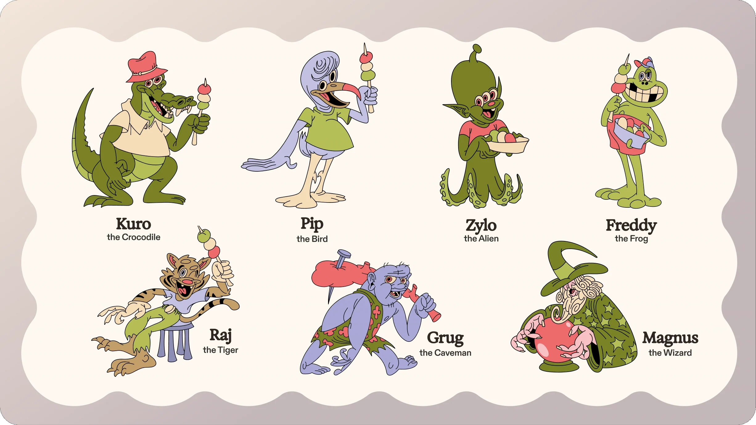 The Dango gang: Kuro, Pip, Zylo, Freddy, Raj, Grug and Magnus