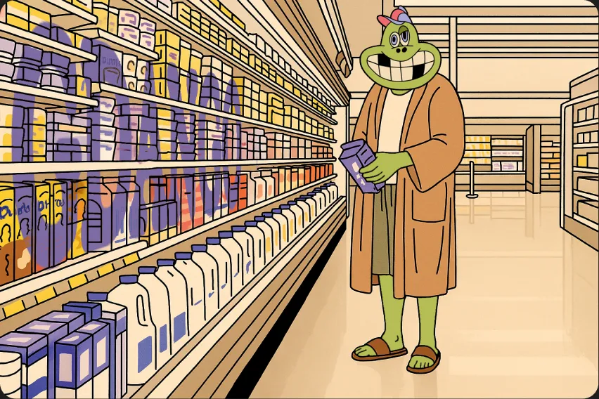 Meme: frog in a supermarket