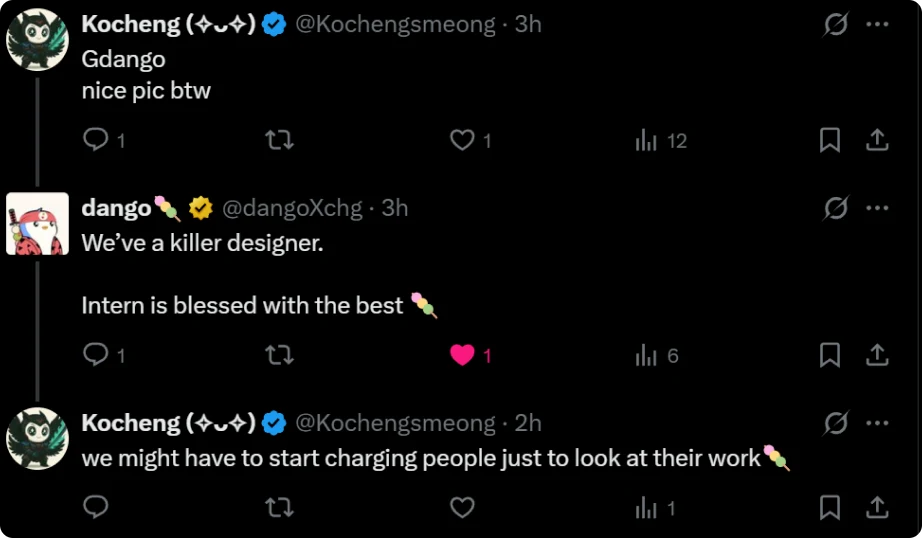 Tweets. Kocheng: nice pic btw. Dango: we've a killer designer. Kocheng: we might have to start charging people just to look at their work.