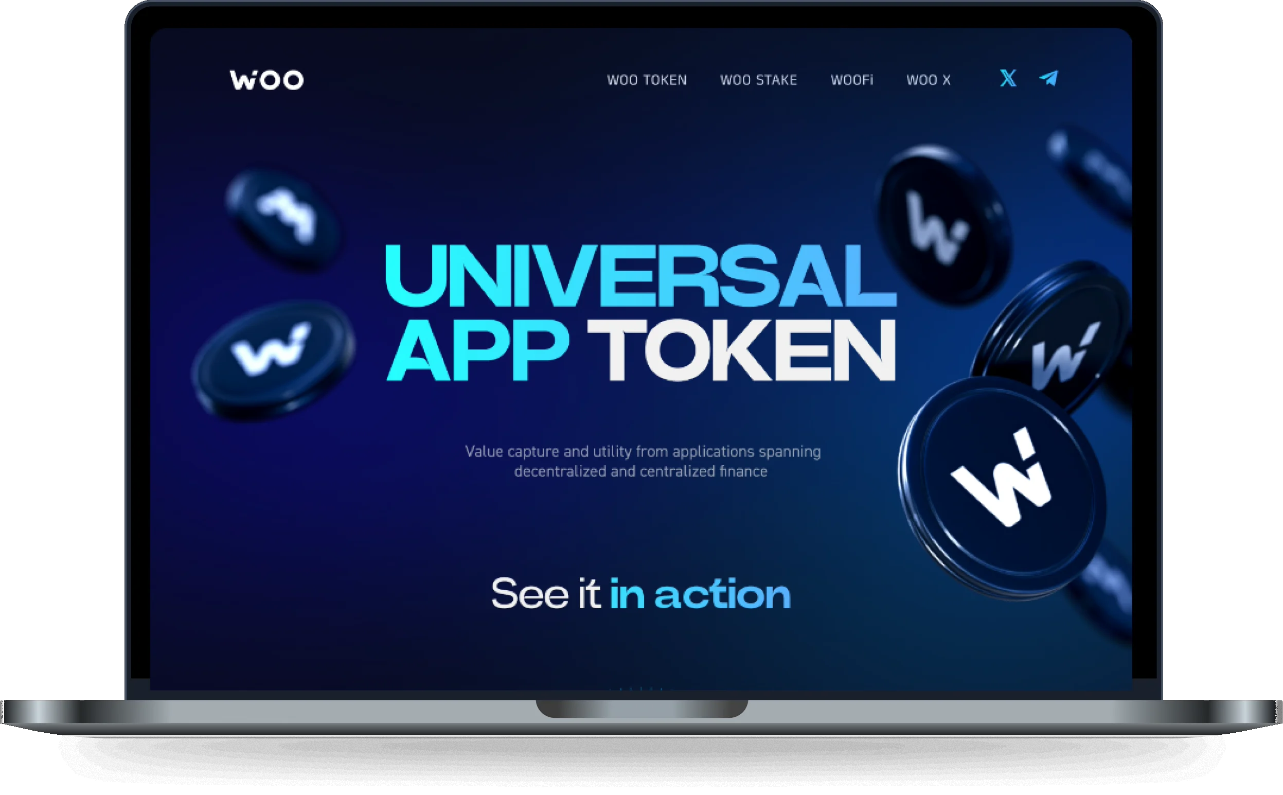 WOO landing page shown on a laptop